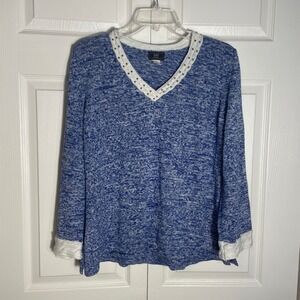 Lark‎ Lane Blue Marled Sweater Women XL Embellished V Neck Contrasting Trim Top